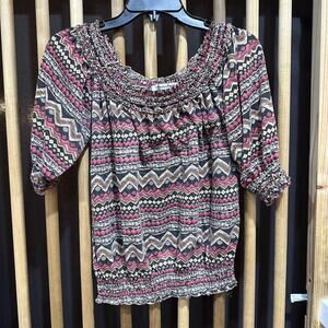 American Rag Shirt Womens Small Pink Brown Boho Peasant Top Smocked Aztec Print